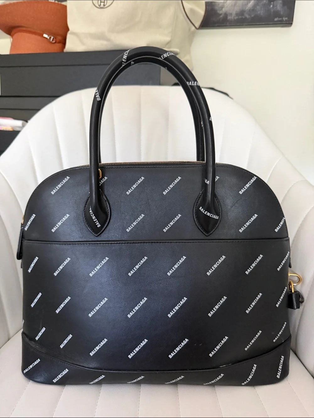 Balenciaga Black Logo-Print Dome Satchel